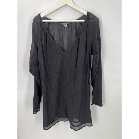 Eddie Bauer V-Neck Semi Sheer Chiffon Top Cover-Up Cotton Black Women's Large - Picture 1 of 6